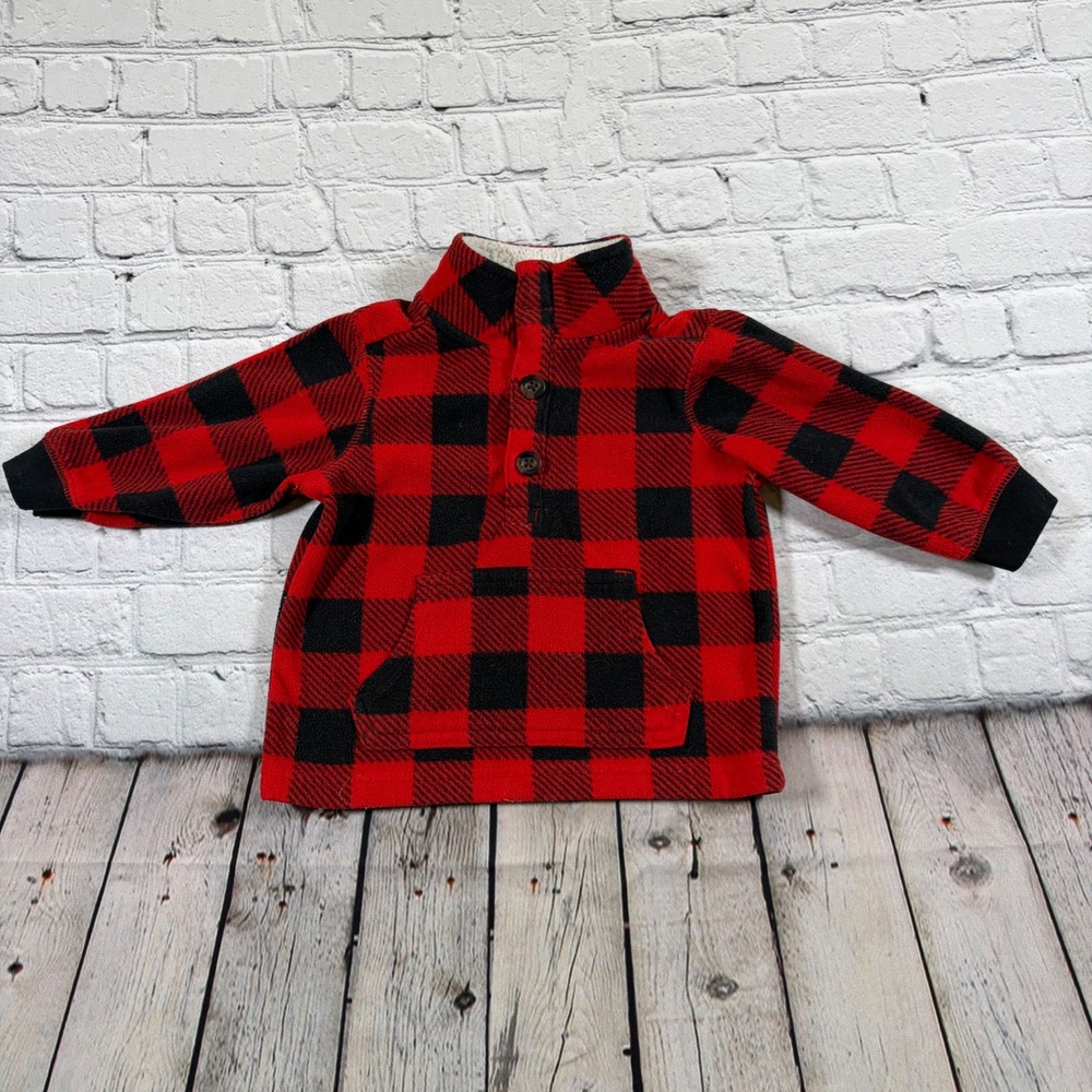 Carters Baby Fleece Pullover Red Black Buffalo Plaid Sherpa Collar 12M 209A403